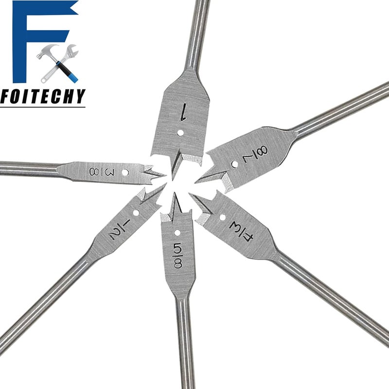 FOITECHY (6pcs) Spade Drill Bits3/8“-1”,Hex Shank Drill Bit Set,Hole Cutter, Titanium Coating, Carbon Steel Heavy Duty Sturdy Woodworking Flat Boring Drill High Carbon Steel Paddle Silver - Image 5